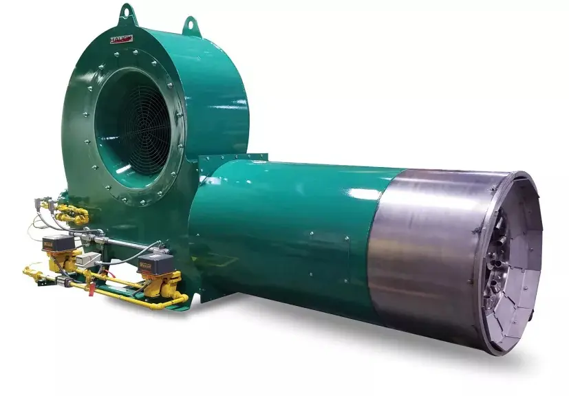 Green industrial gas burner with metal components.