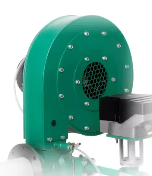 Green industrial blower with attached motor.