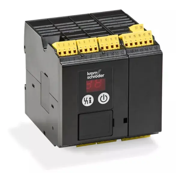 Black industrial device with yellow connectors.